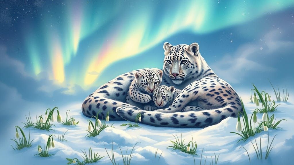 Peaceful Polar Snow Leopard Family Amidst Aurora Borealis