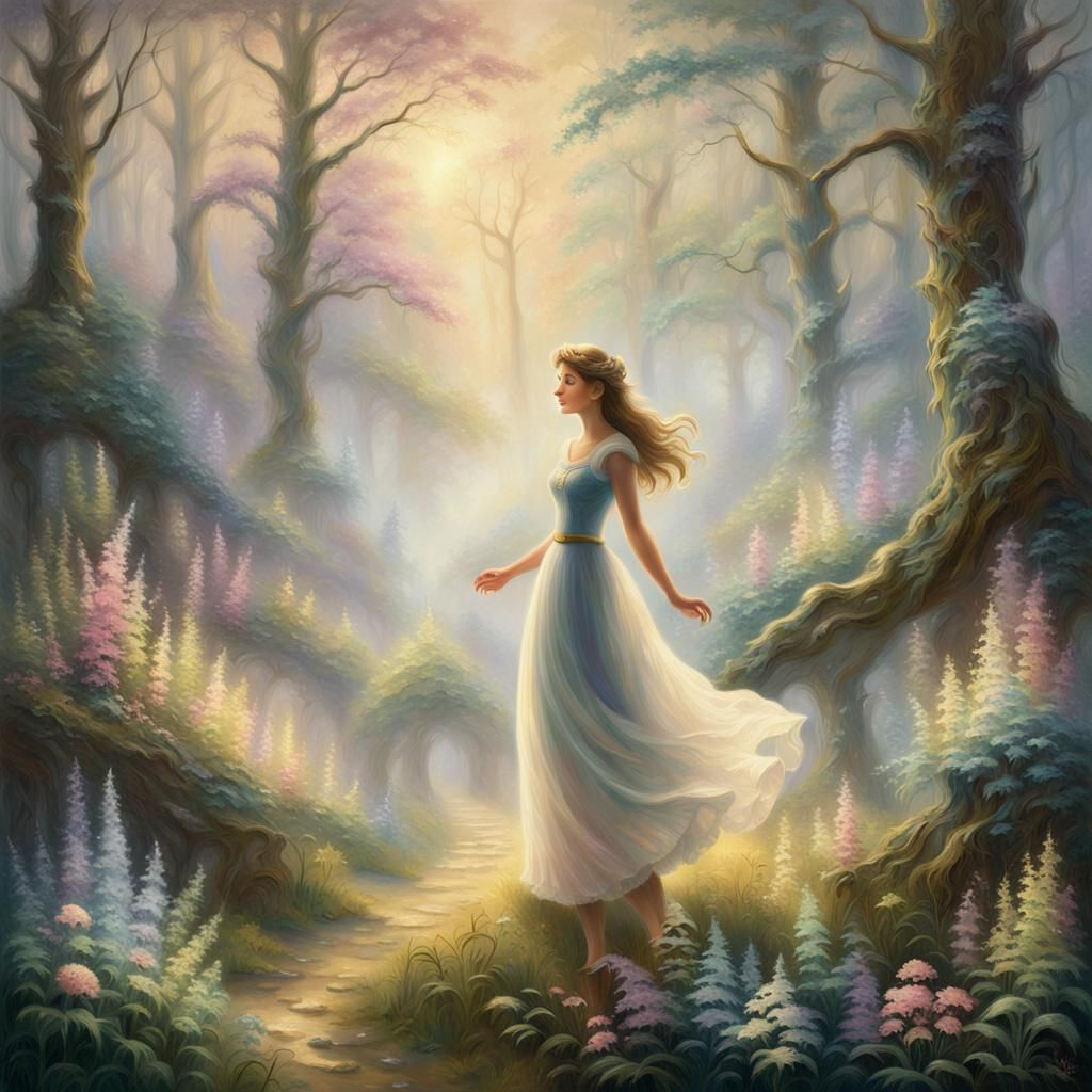 Ethereal Woman in Enchanted Forest as Oil Painting