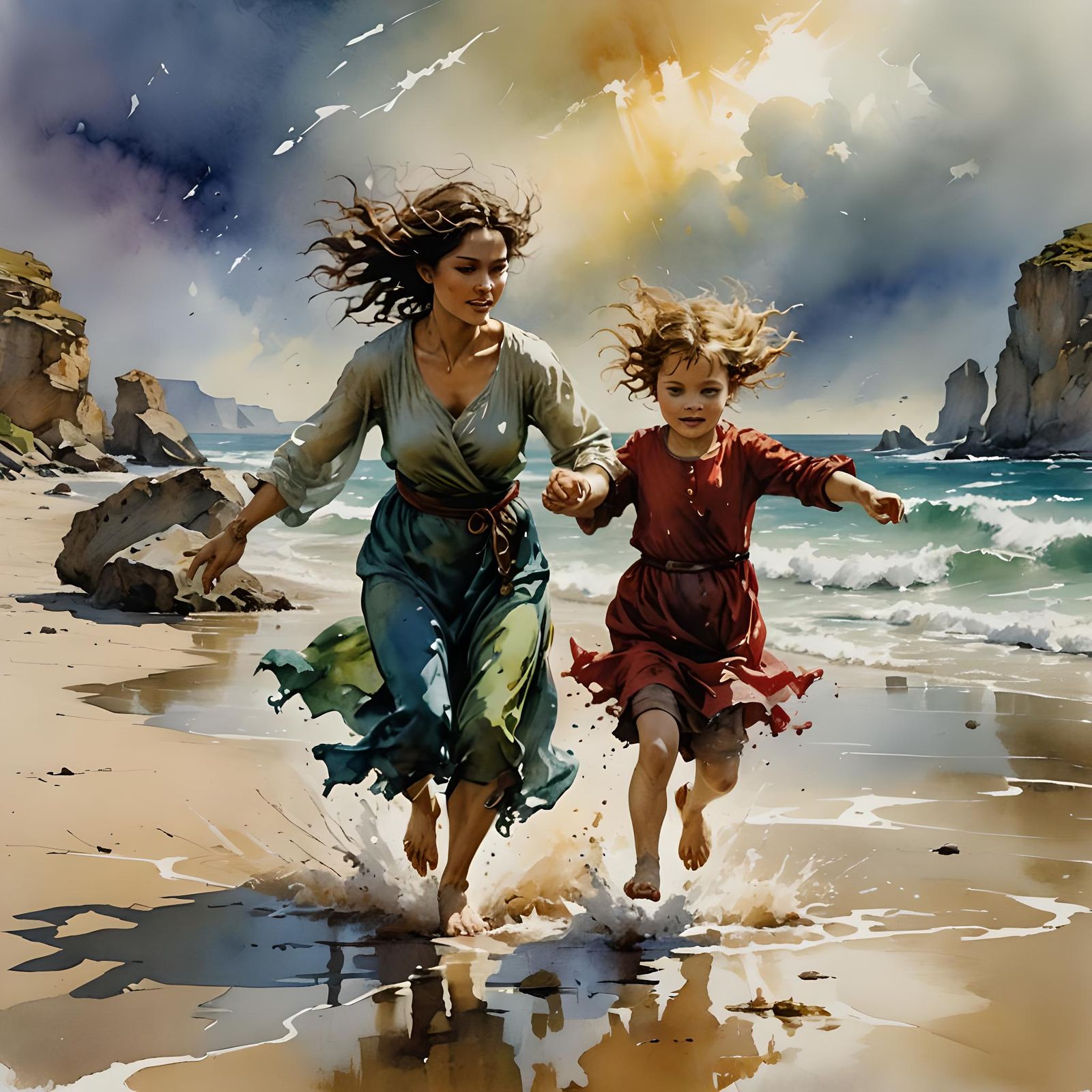 Watercolor Child Running on Seashore in Vibrant Colors