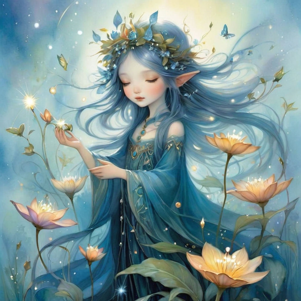 Pixies Playing in a Flower Garden In Inkwash Style