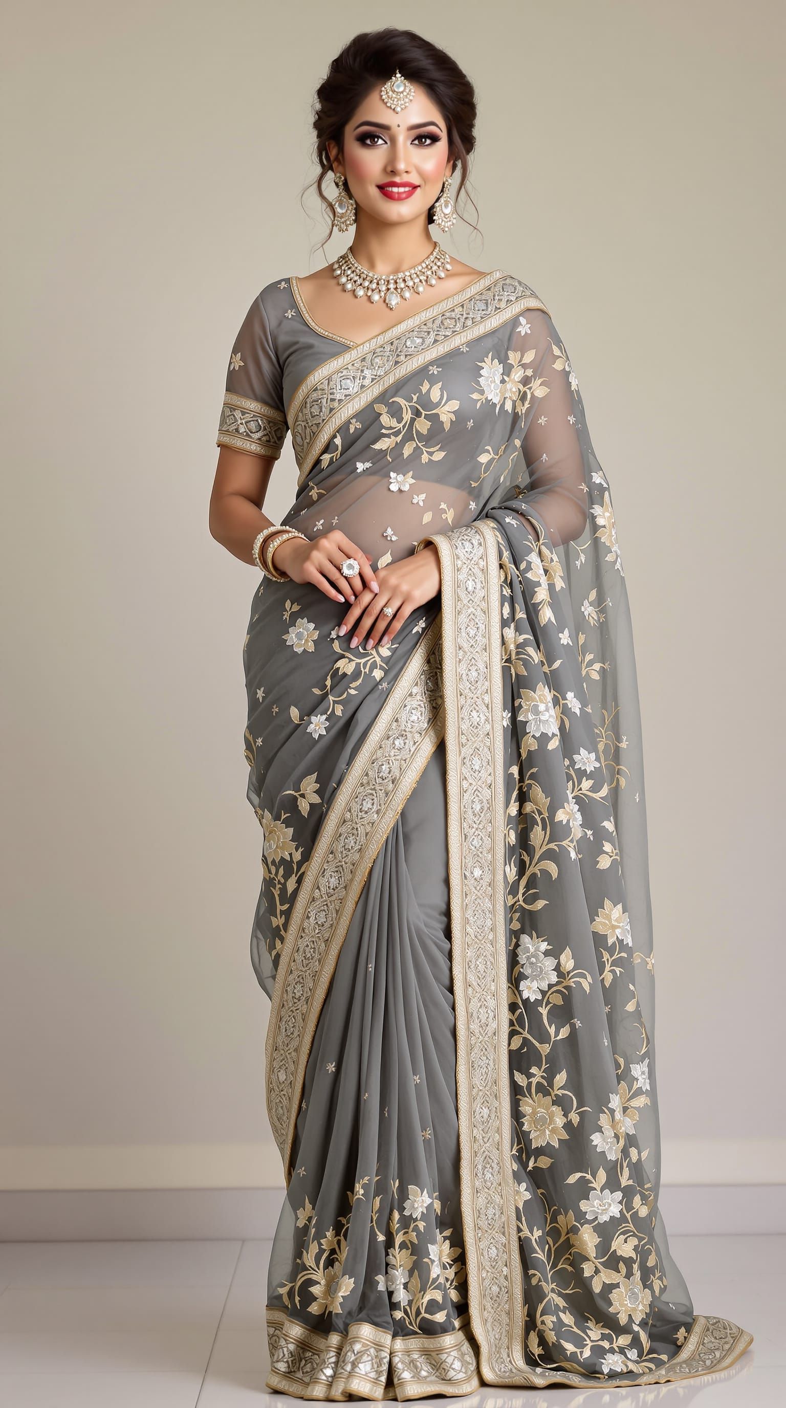 Elegant Woman in Modern Saree with Intricate Embroidery