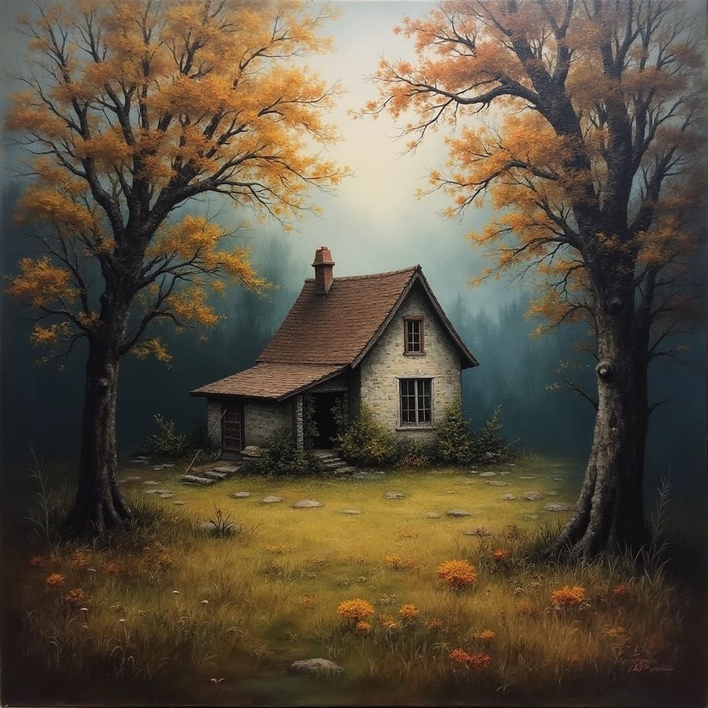 Rustic Cottage in Moody Grove, Impasto Painting