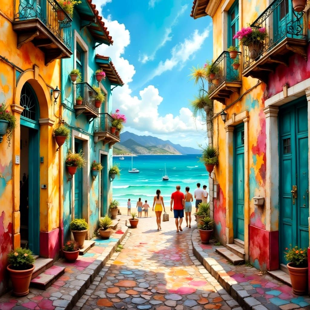 San Juan's Cobblestone Streets in Vibrant Watercolour