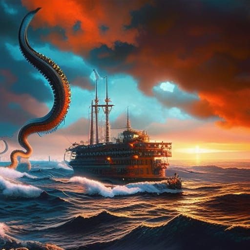 Kraken attacks Cargo Ship