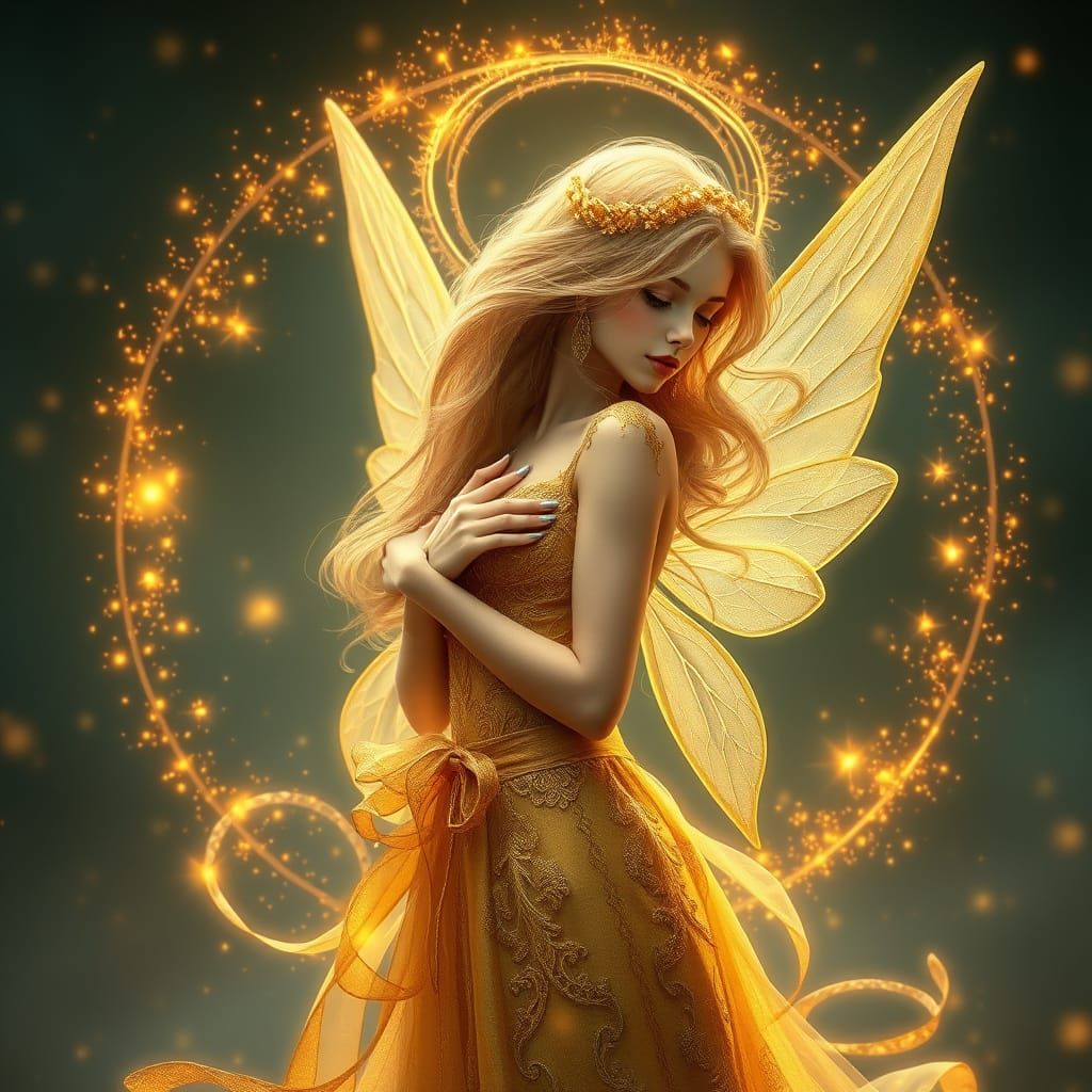 Elegant Fairy in Golden Gown Amidst Shimmering Sparks