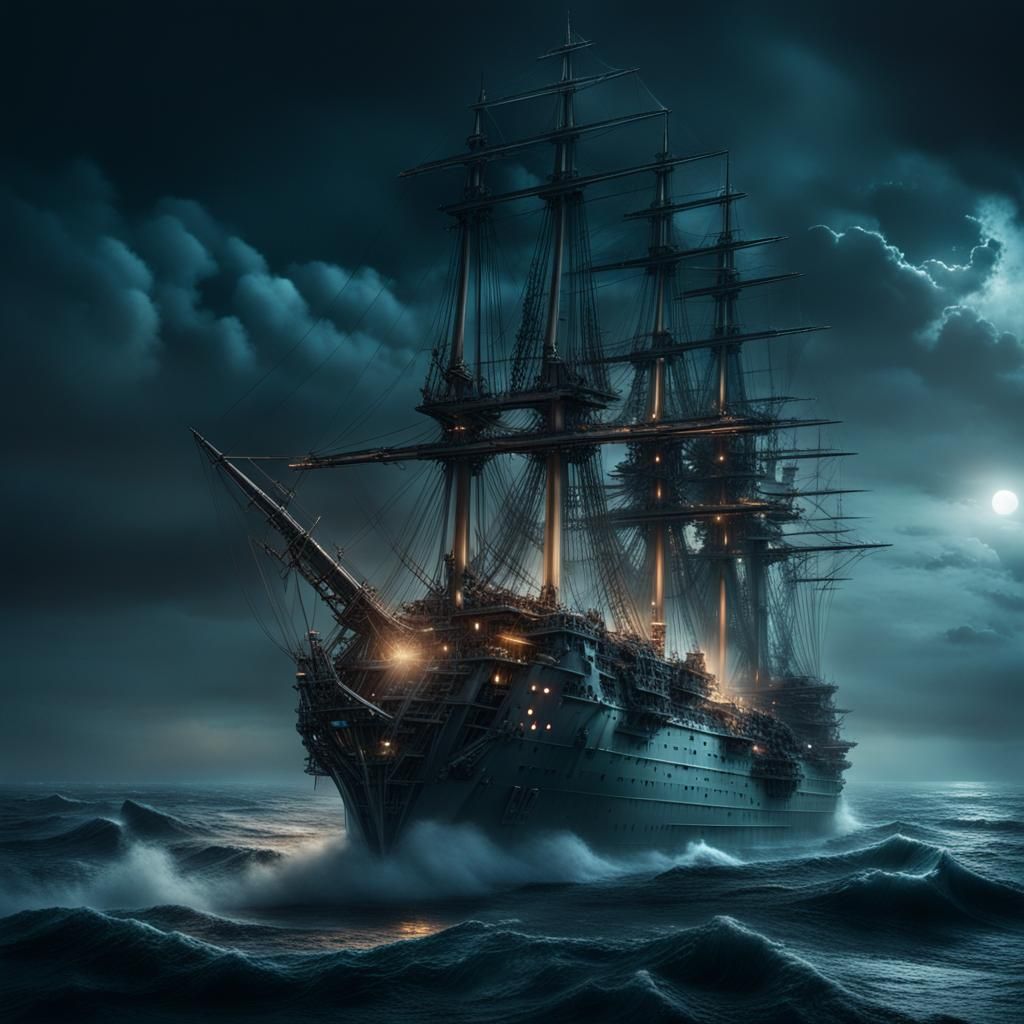 Futuristic Warship Encounters the Flying Dutchman