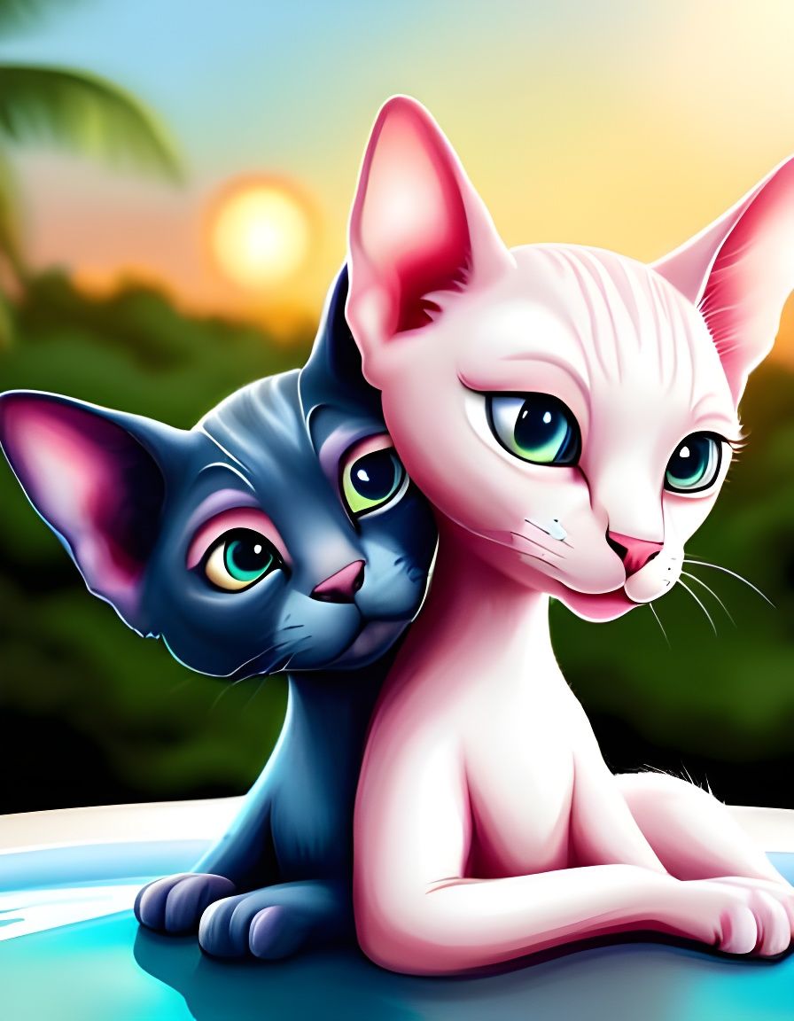 Sphynx Kittens Chilling Poolside: Oil Painting