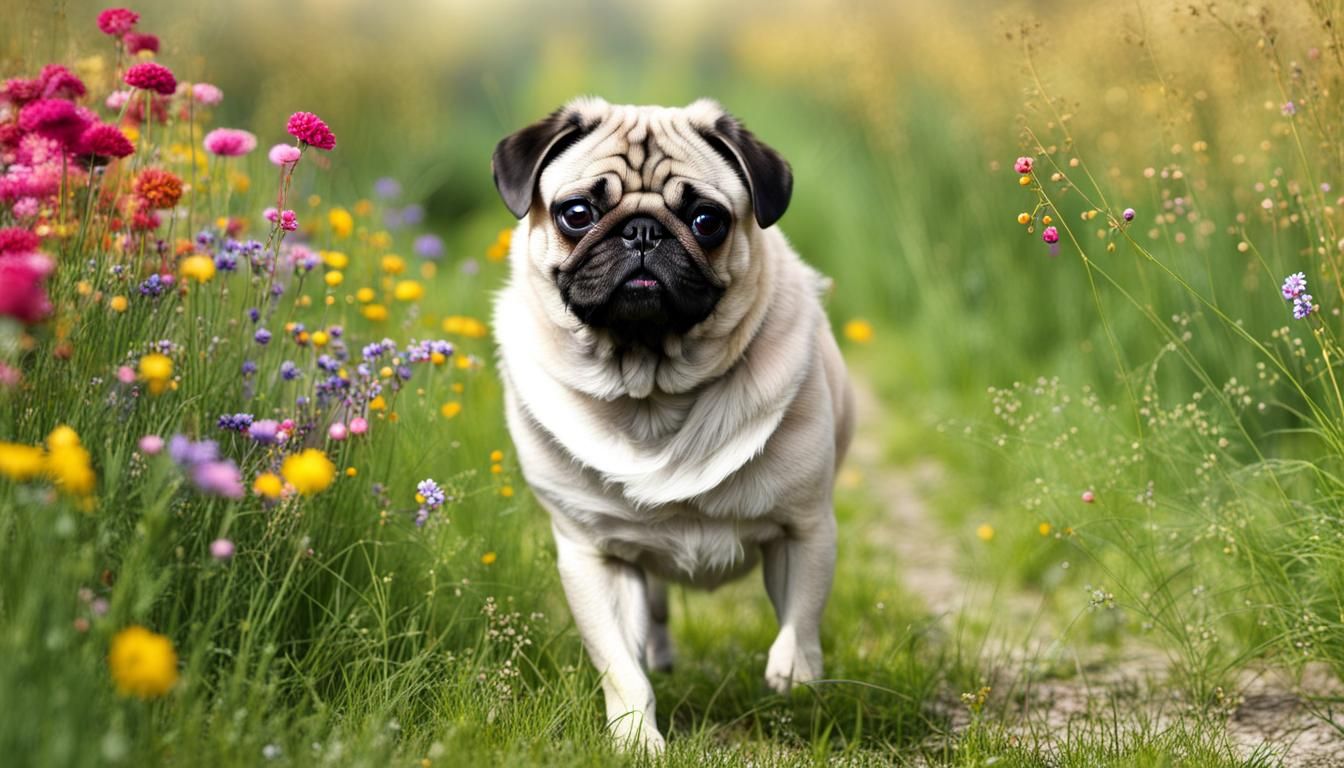 Pug Dog in a Sunny Flower Meadow
