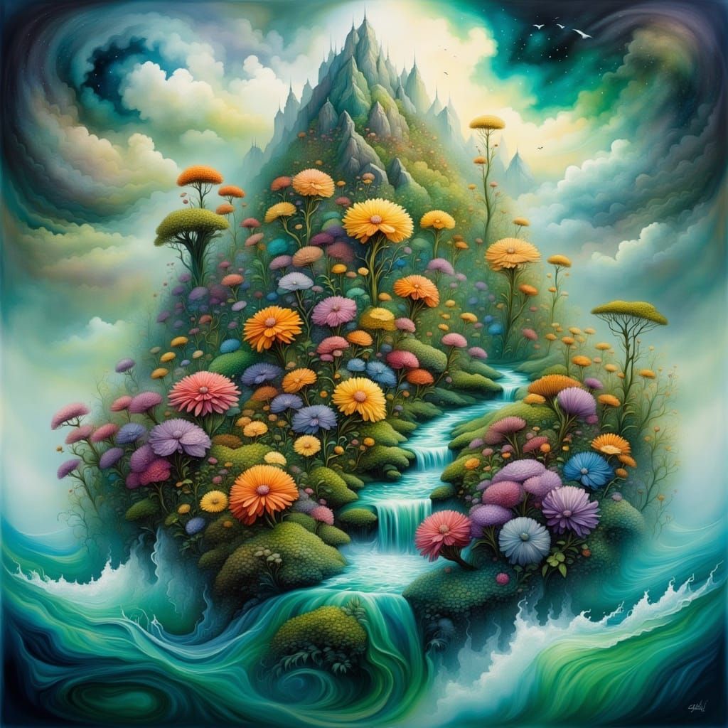 Mountainous Flower Island in Turbulent Green Sea