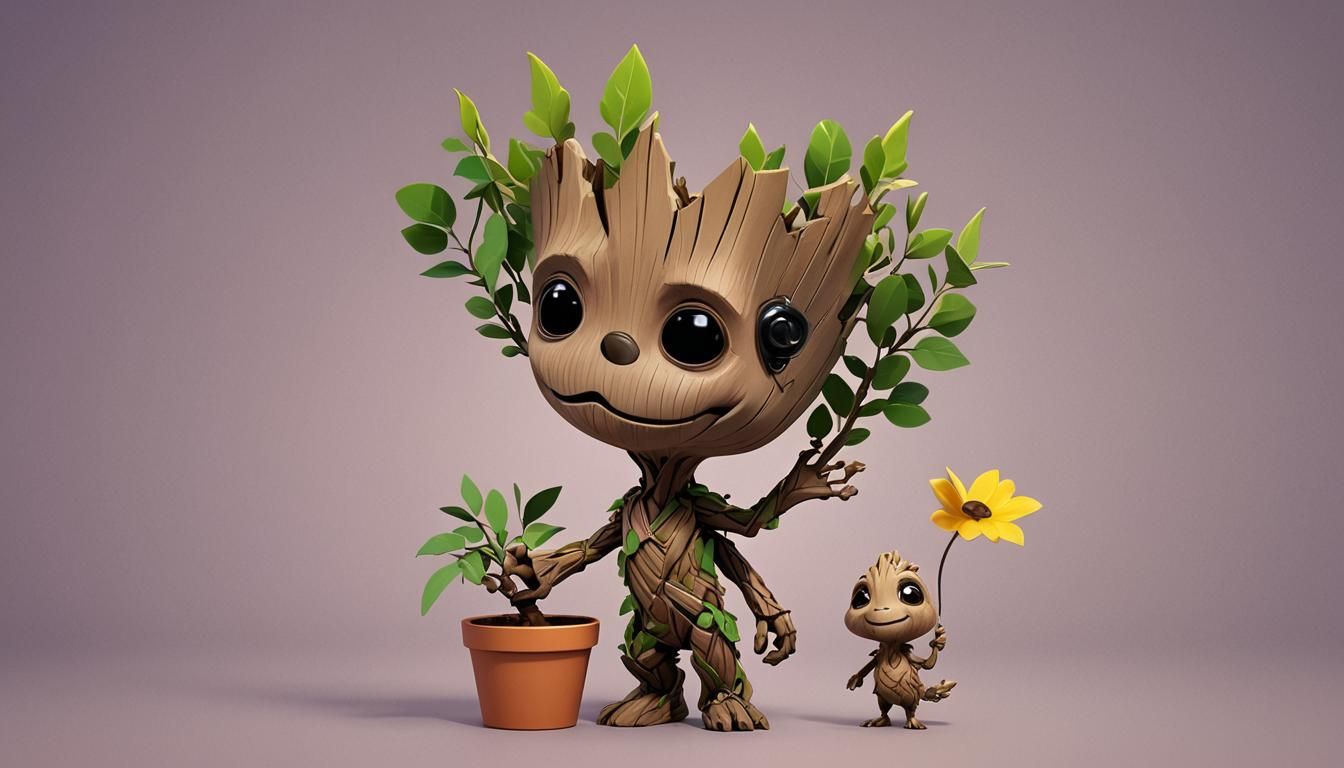 Cute Ghibli Groot with Bird: Chibi 3D Art