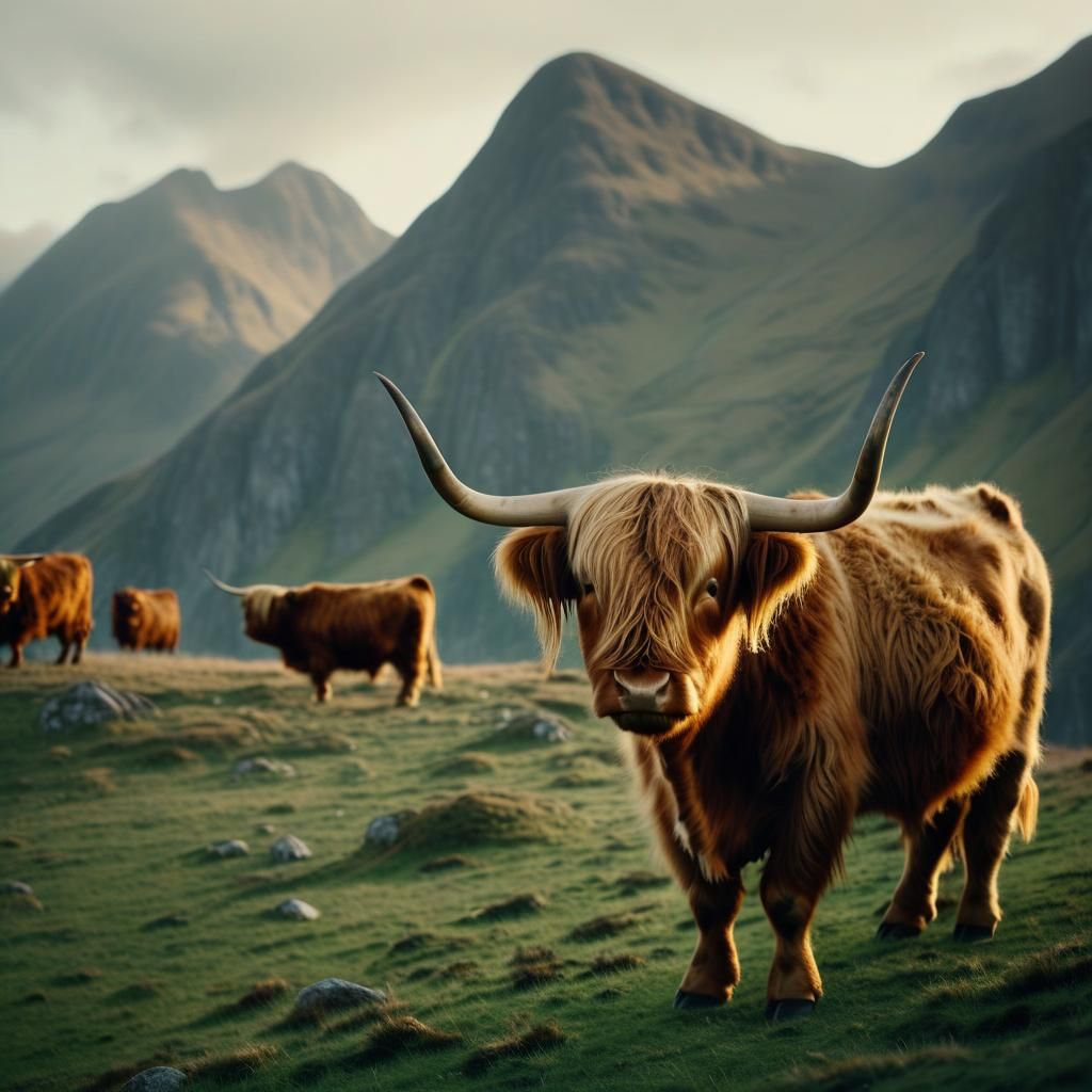 Highland Cattle Grazing in Golden Light: Cinematic Film Stil...