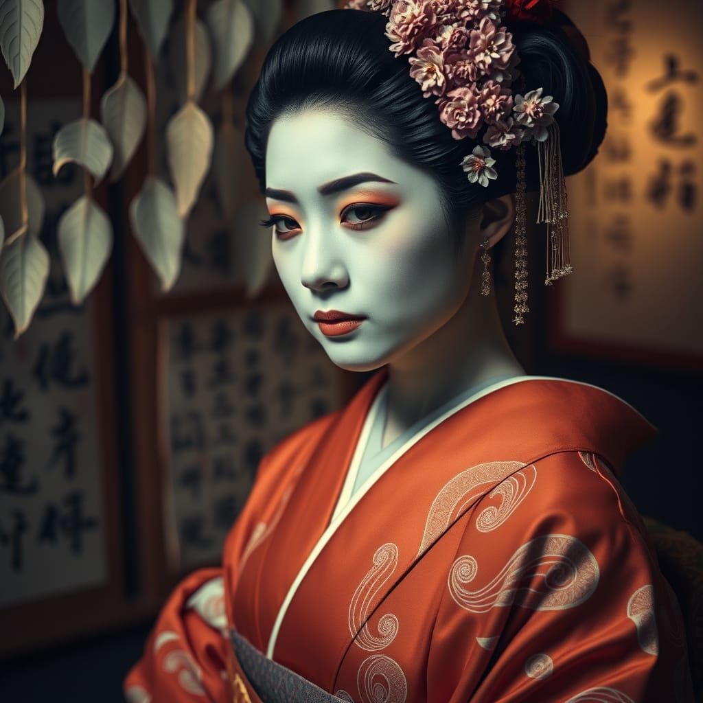 Serene Geisha Portrait with Calligraphy Details