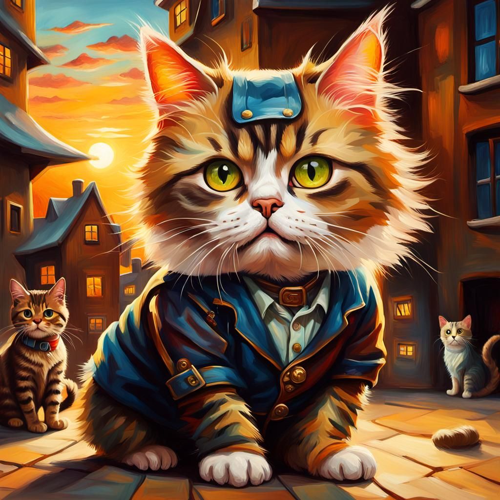 Humorous Surrealism: Cat Photobombed in Oil Painting