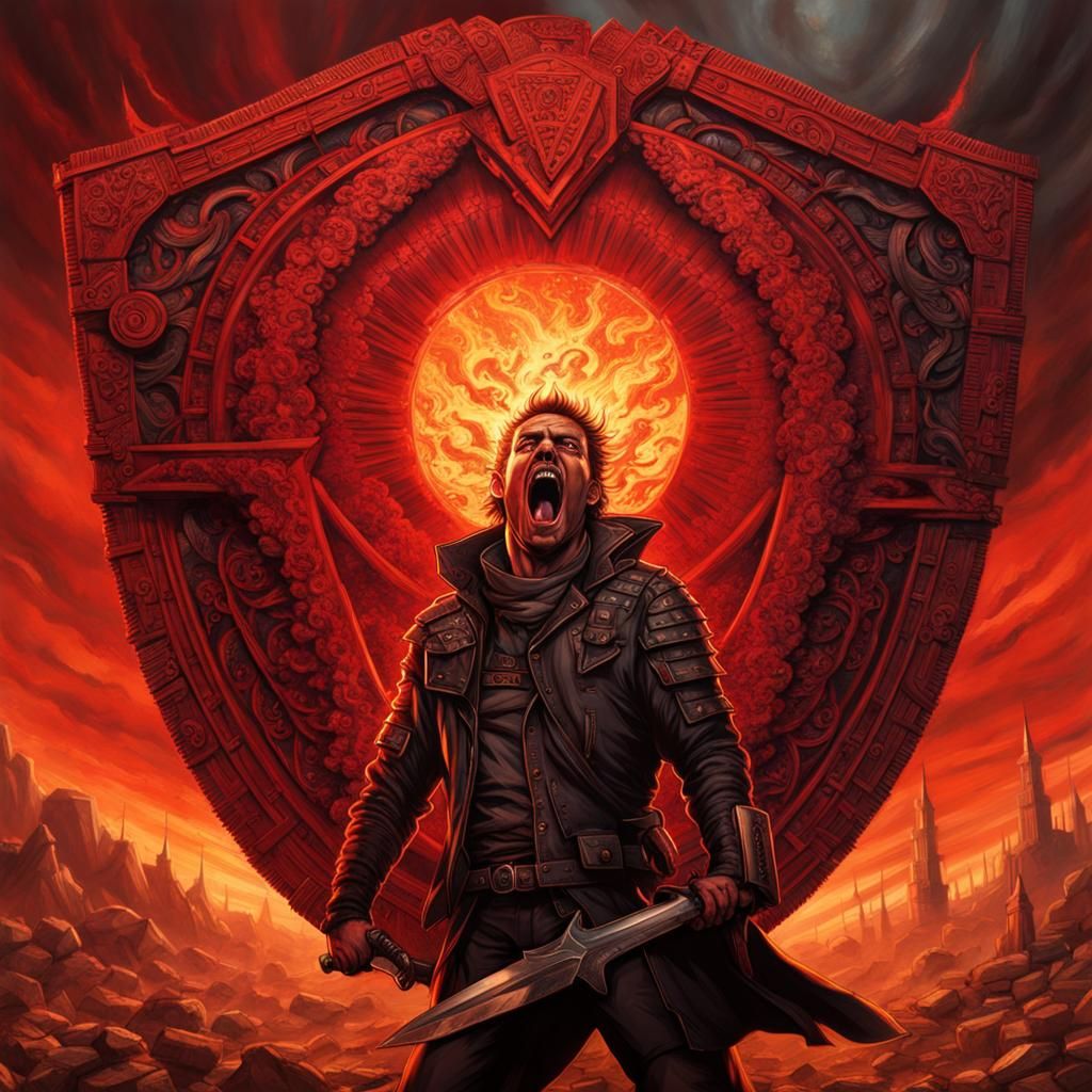 Dystopian Man with Spiked Shield in Burning Sky