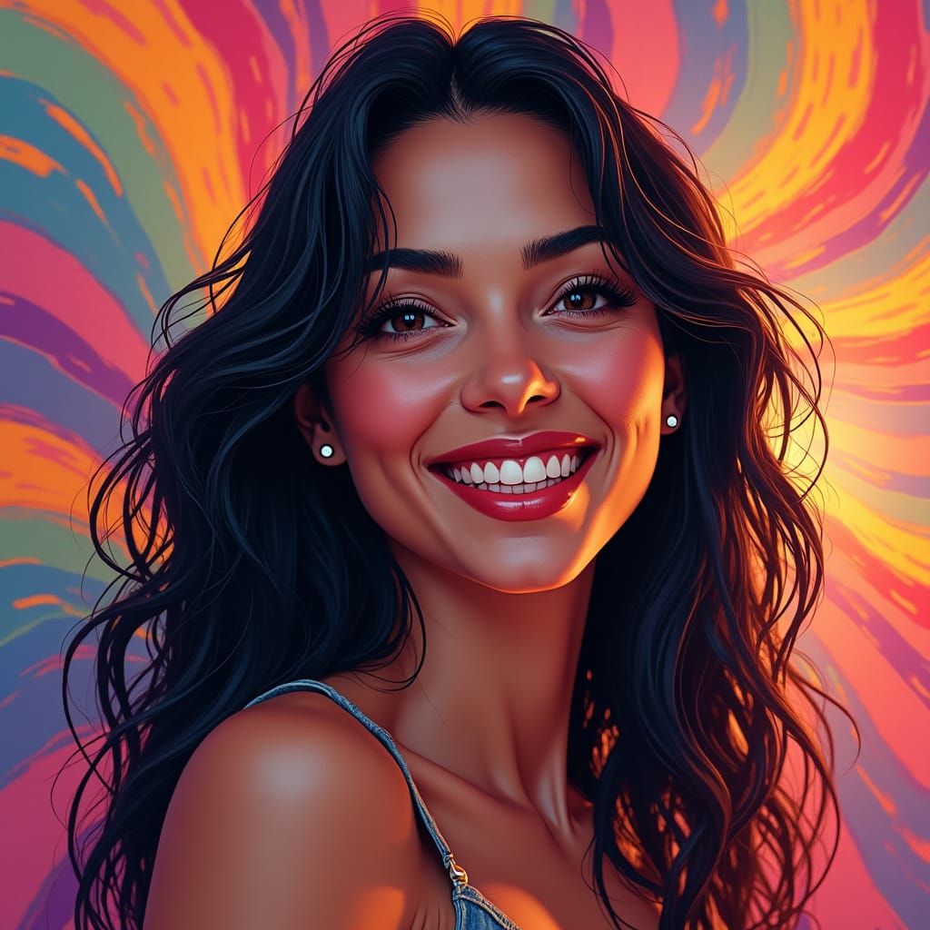 Stunning Woman with Radiant Smile in Psychedelic Art Style