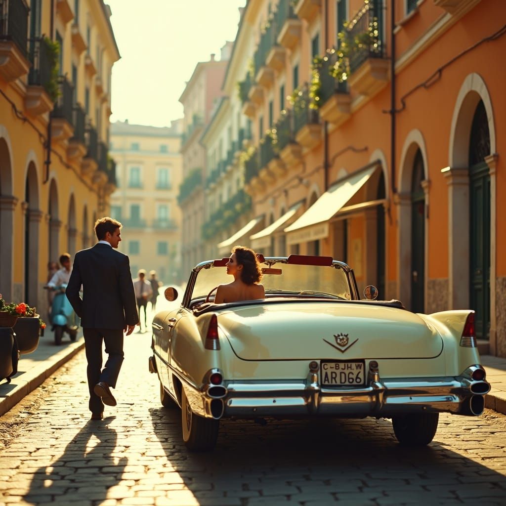 Vintage Cadillac on Italian Street, Slim Aarons Style
