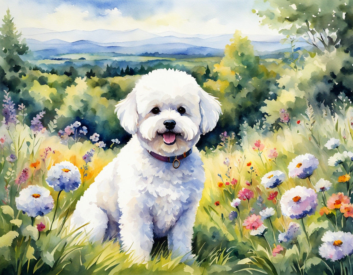 Luminous Bichon Frise in Vibrant Wildflower Meadow