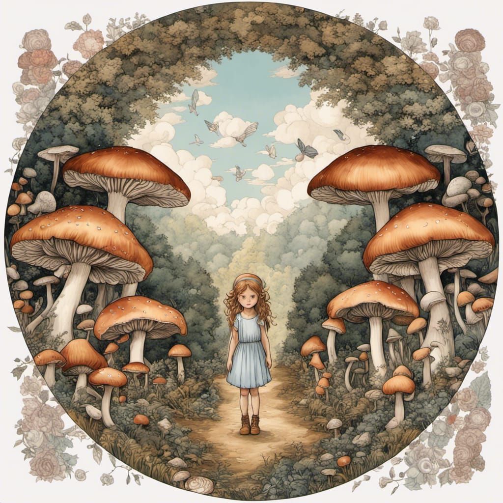 Enchanted Mushroom Portal with Fairy, Vintage Illustration