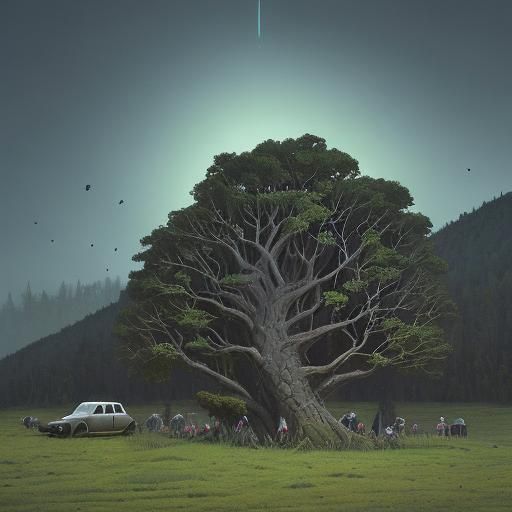 Eerie Picnic in Meadow: Color Ink Illustration