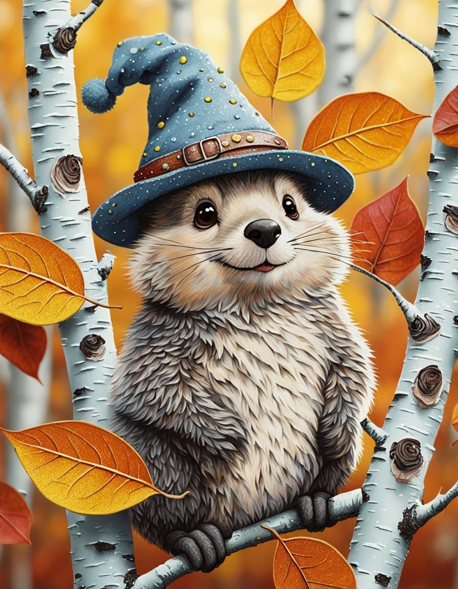 Cute Cartoon Character on Autumn Leaf in Tinart Style