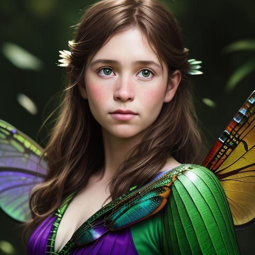 Fairy Portrait with Dragonfly Wings in Forest