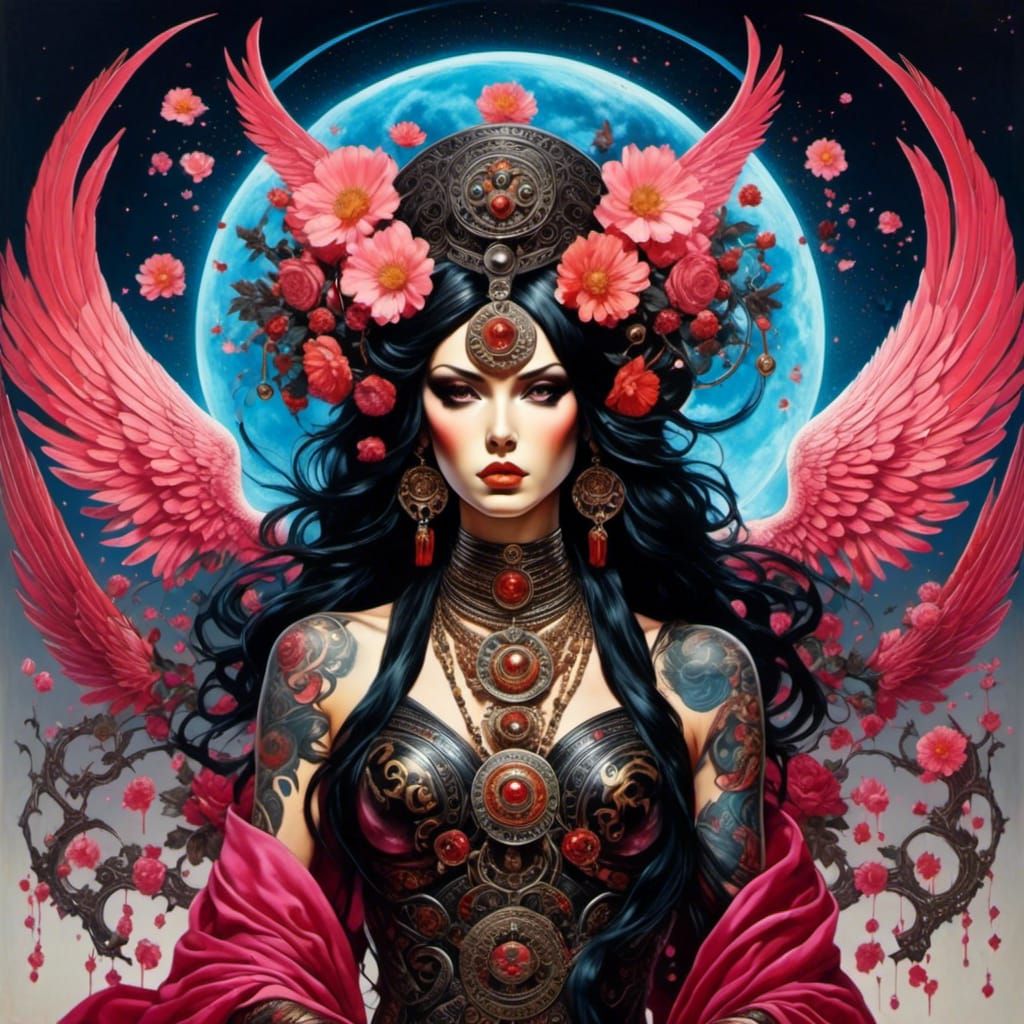 Gothic Anime Goddess Warrior with Cosmic Tattoos