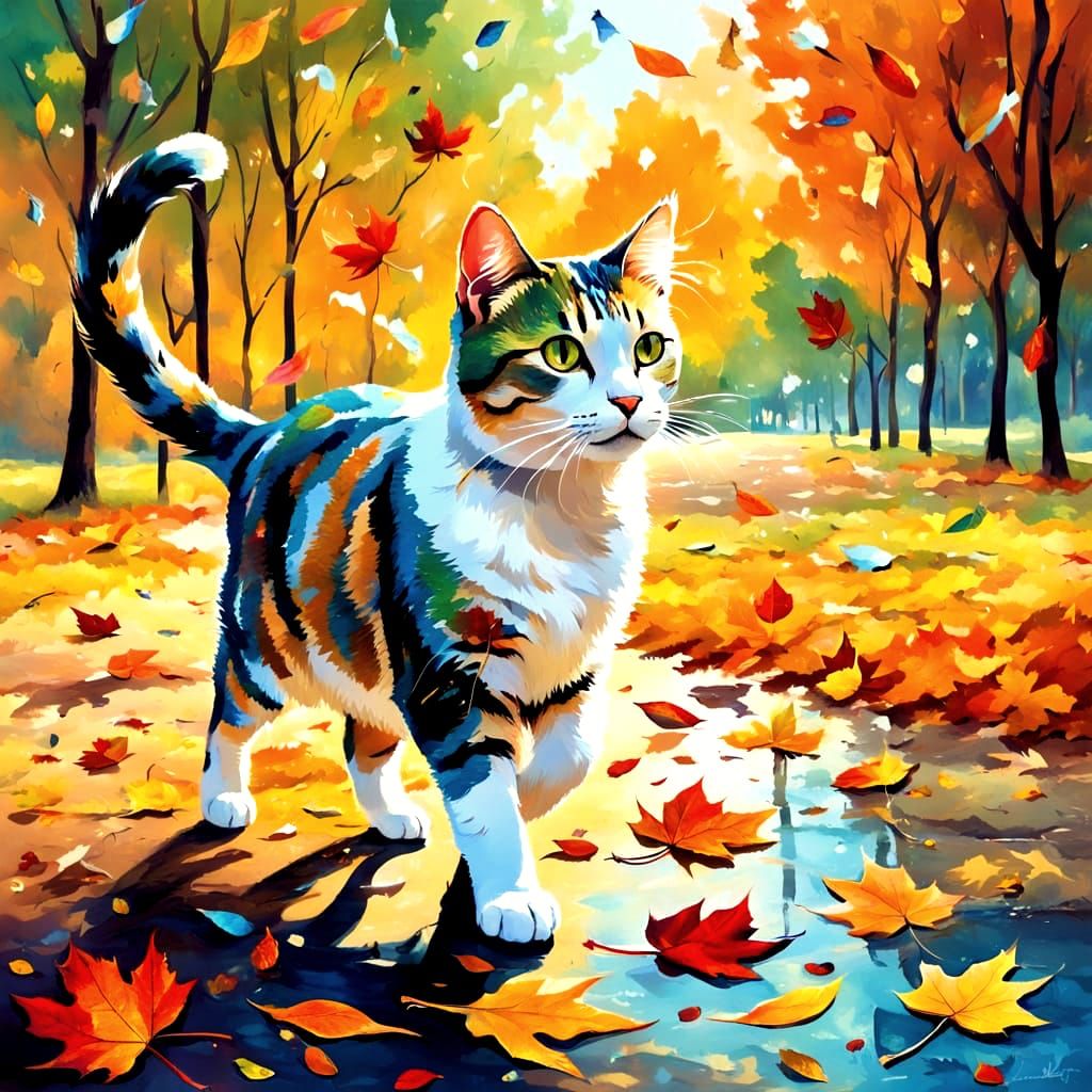 Cat Playing in Autumn Leaves: Impressionism
