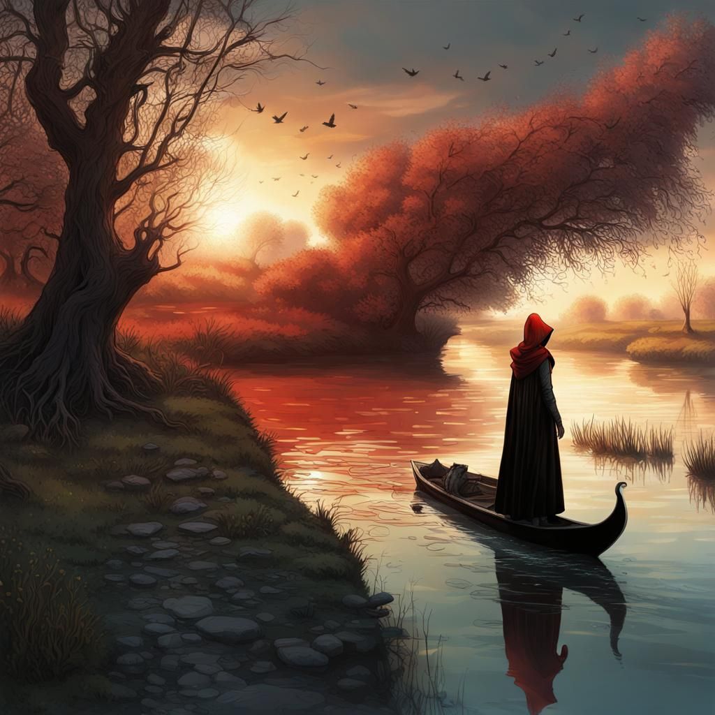 Woman in Red Hood Sails River at Sunset