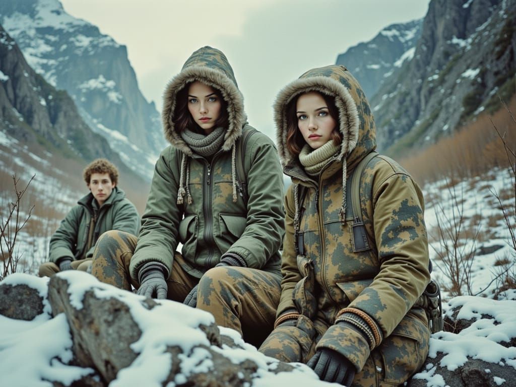 Samurai in Winter Camouflage on Cliff Overlooking Mountains