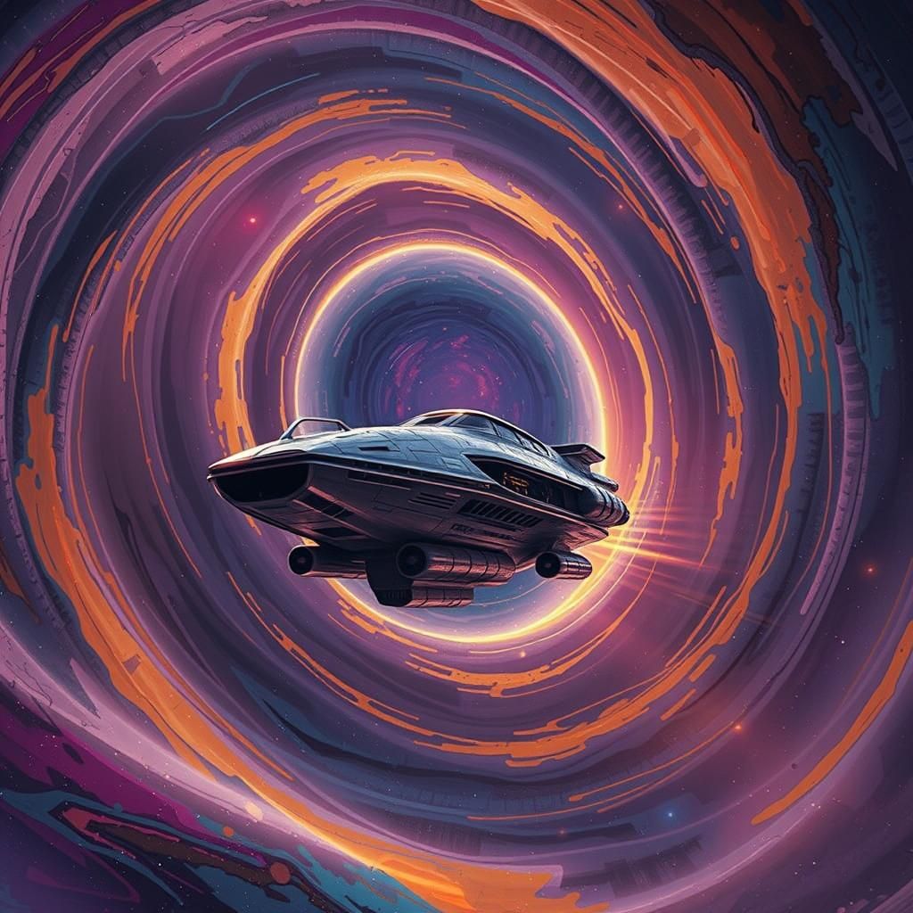 Spaceship Glides Through Wormhole with Molten Colors