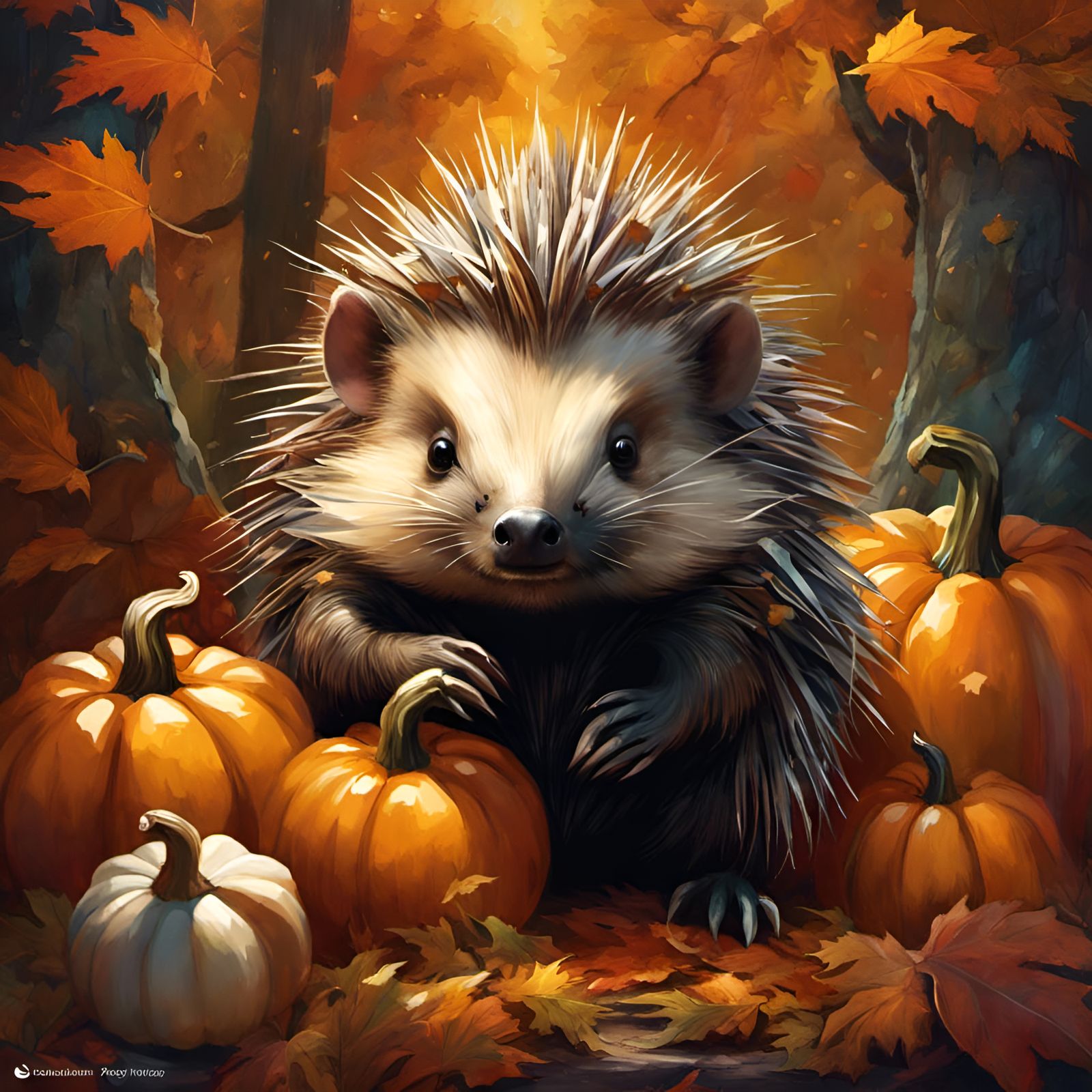 Adorable Porcupine Portrait with Pumpkins