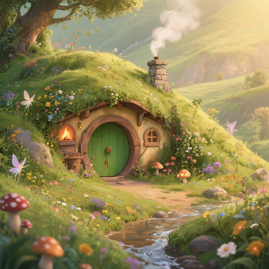 Enchanting Hobbit Hole in Arthur Rackham Style