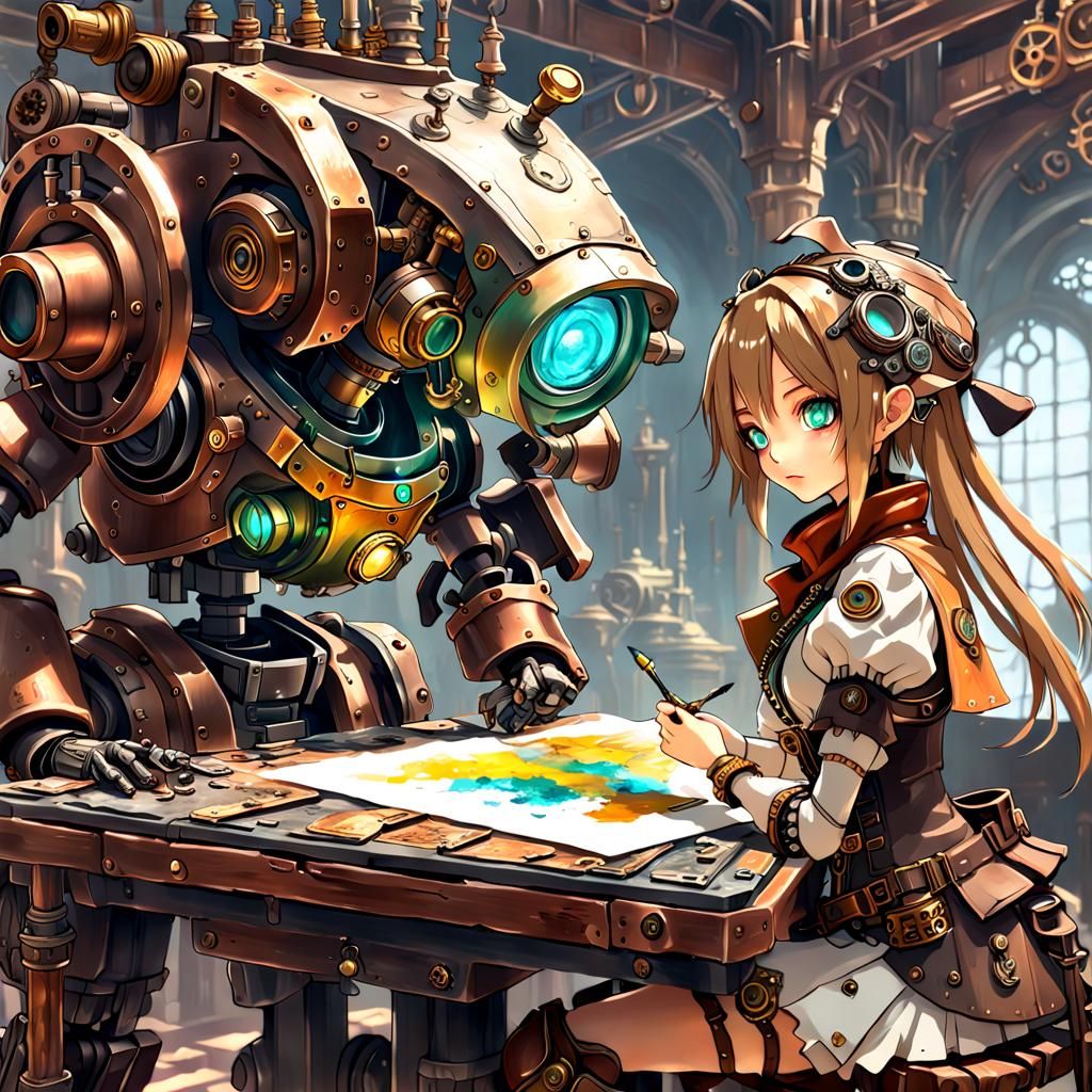 Steampunk Robot and Girl Painting in Detailed Style