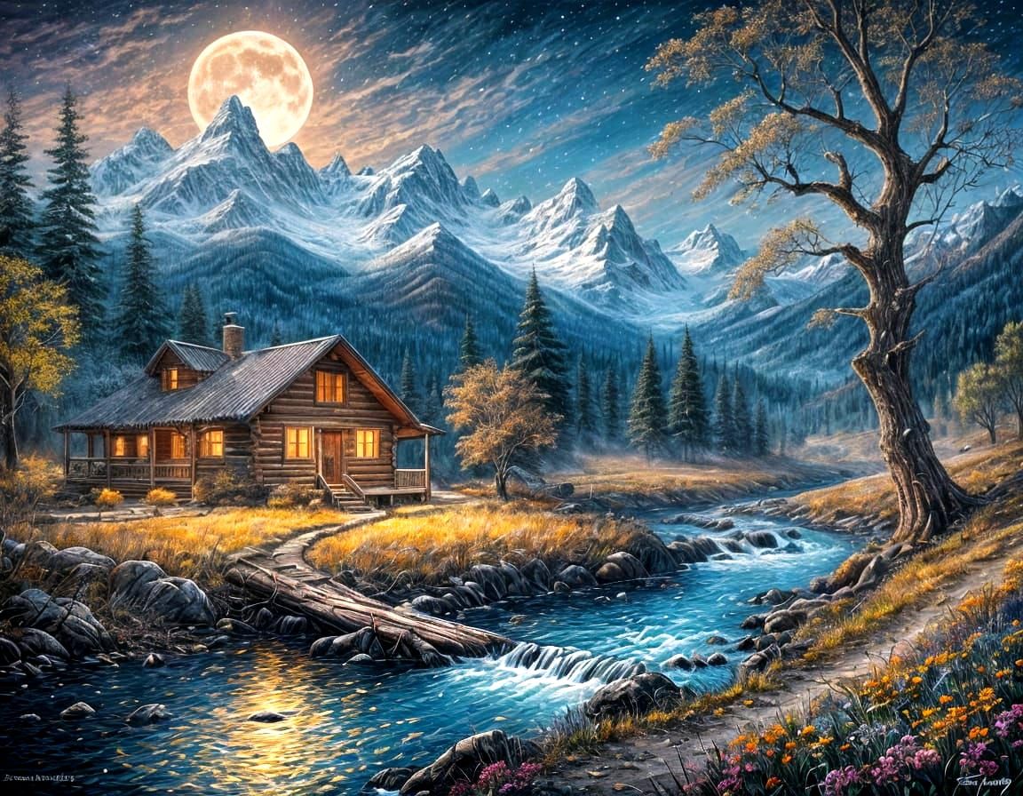 Luminous Moon Over Serene Cabin Landscape