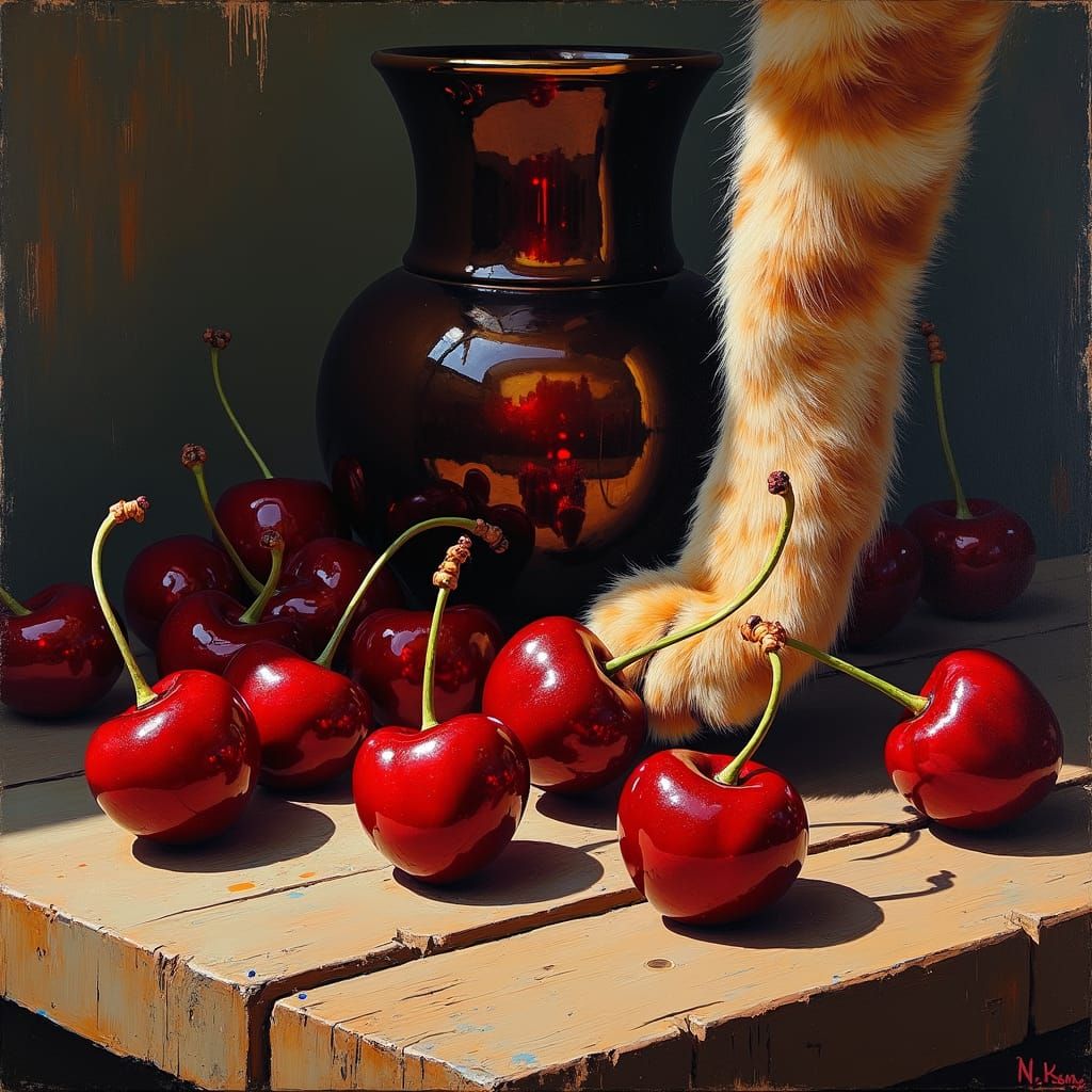 Cherries and Luster Glaze Jug as Impasto Painting