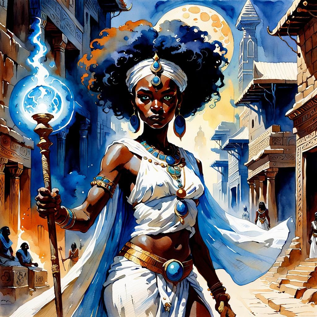 African Sorceress in Ancient Memphis, Watercolor Art