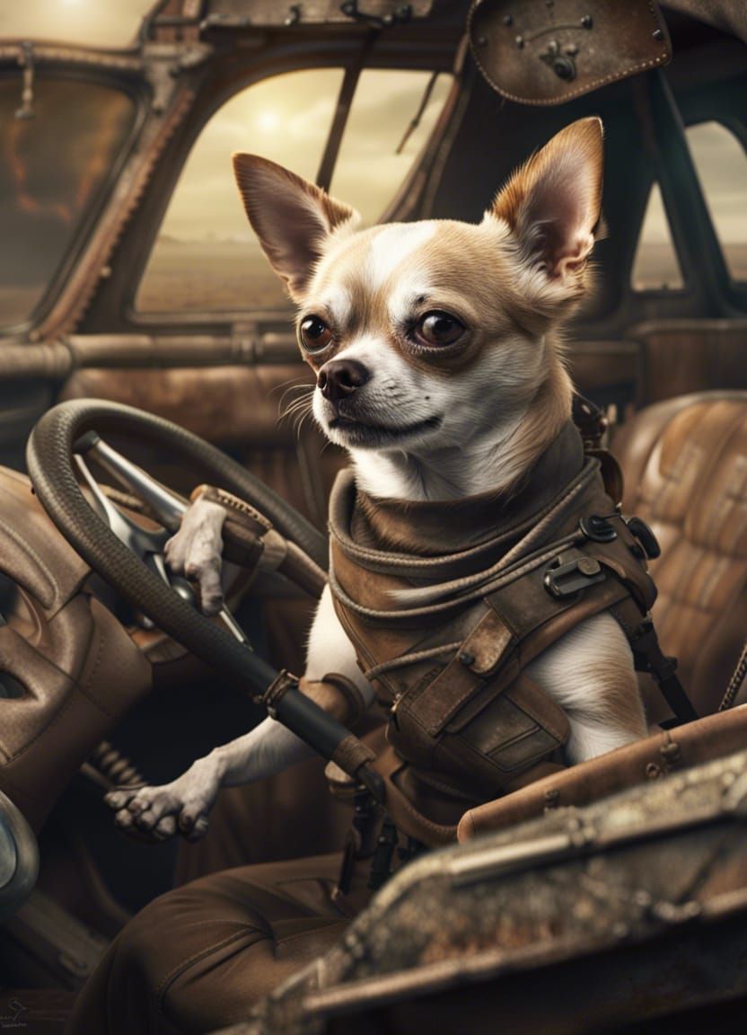 Chihuahua as Mad Max in Wasteland