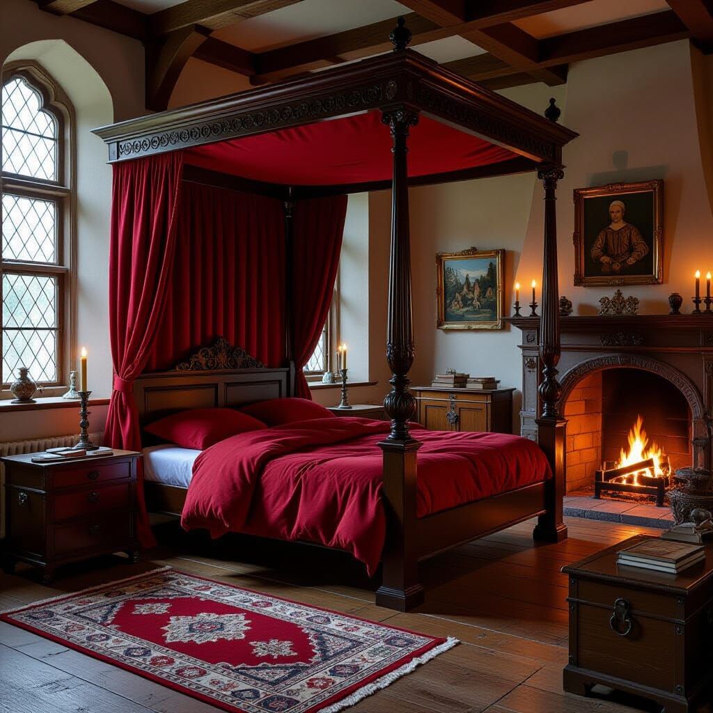 Medieval Four-Poster Bed with Red Bedding