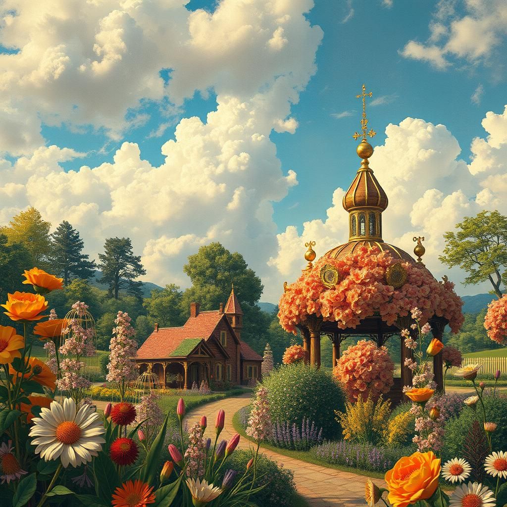 English Garden with Gold Florals in Fantasy Art Style