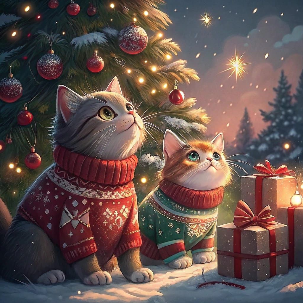 Manga-Style Christmas Cats with Vibrant Ornaments