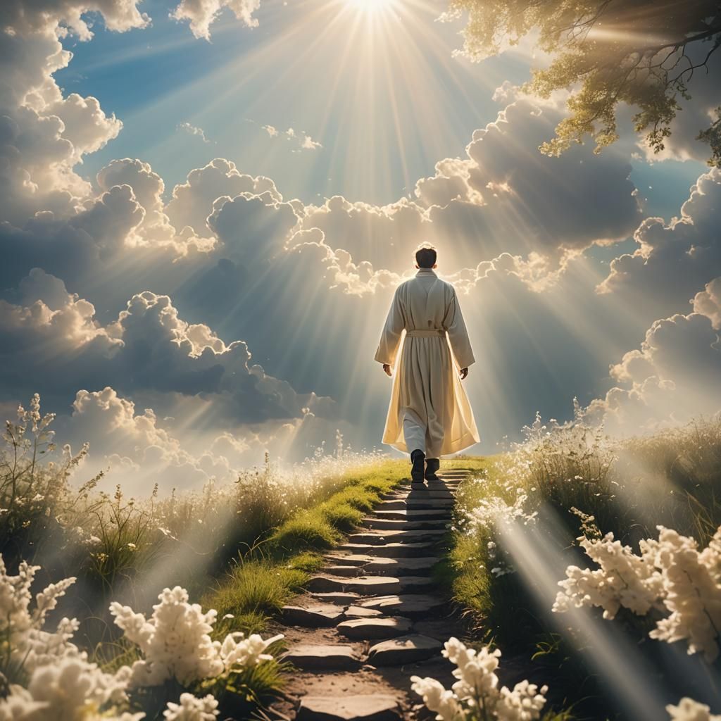 Ethereal Figure Walking Towards Divine Light