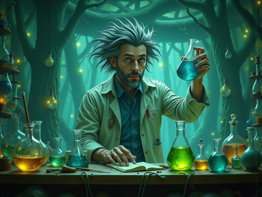 Mad Scientist with Glowing Beaker in Detailed Lab
