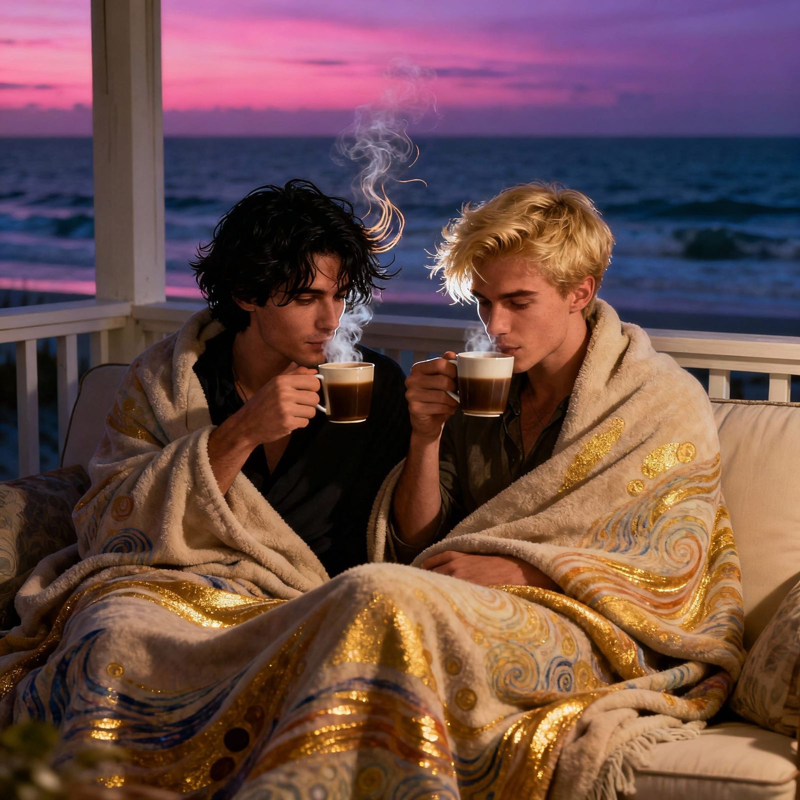 Couple Cuddling on Porch Overlooking Gulf at Sunrise