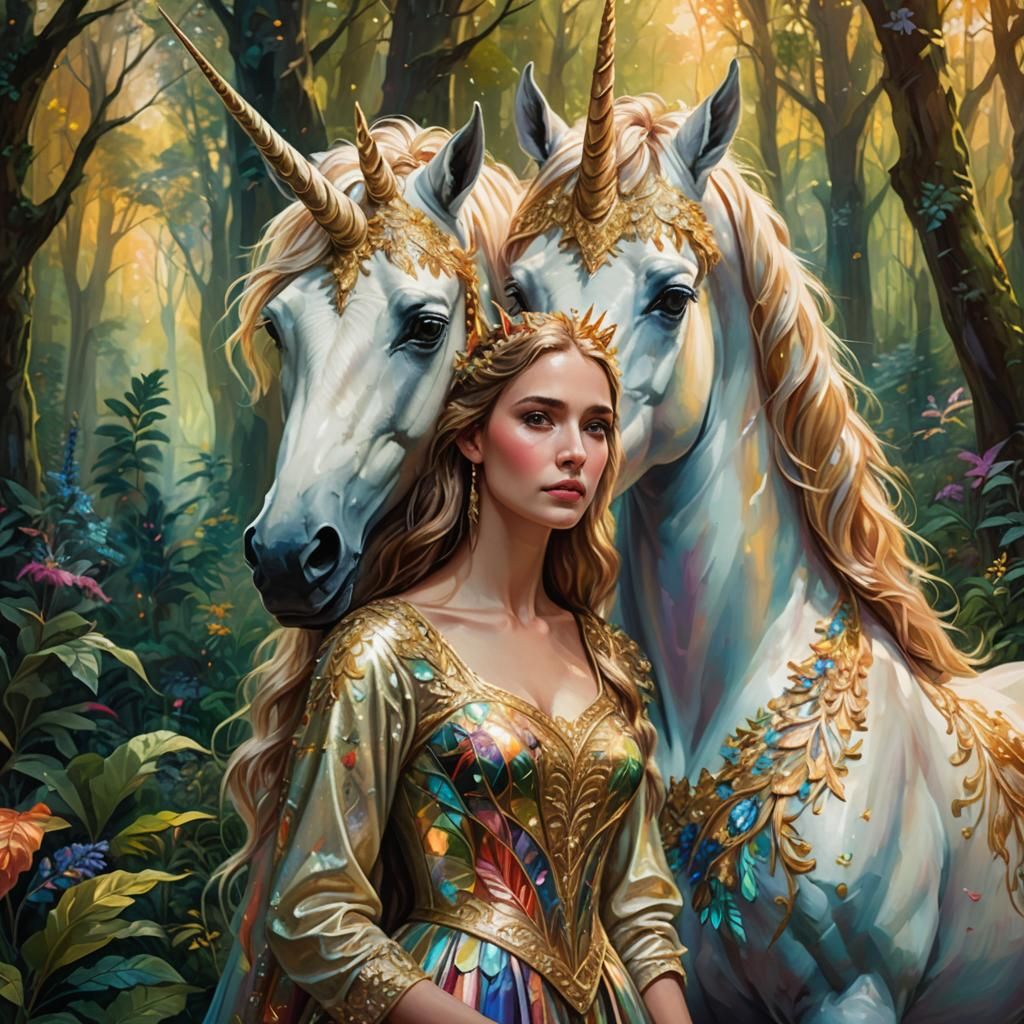 Majestic Unicorn and Lady in Lush Forest