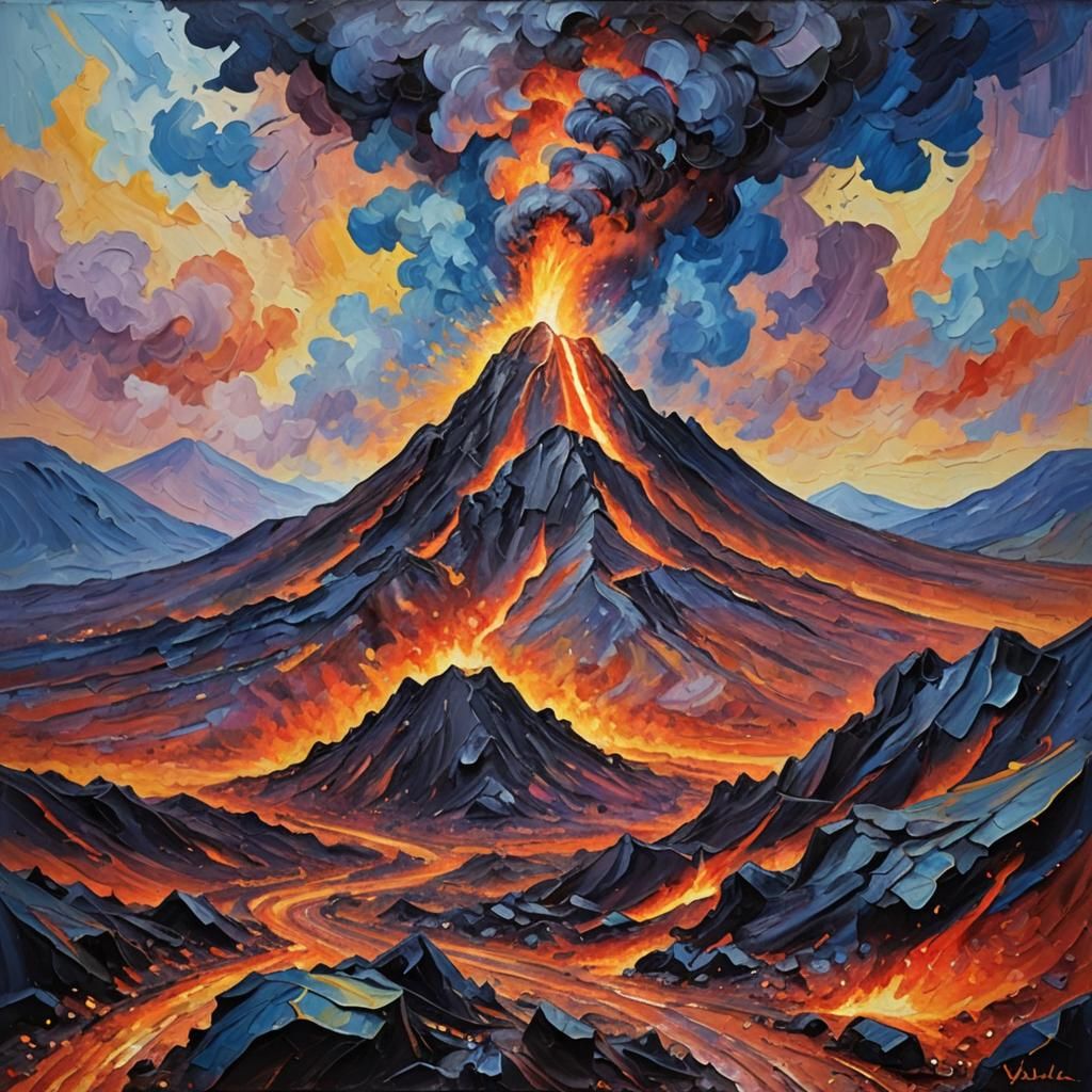 Vulcan Forged in Volcano: Neo-Expressionist Oil Painting