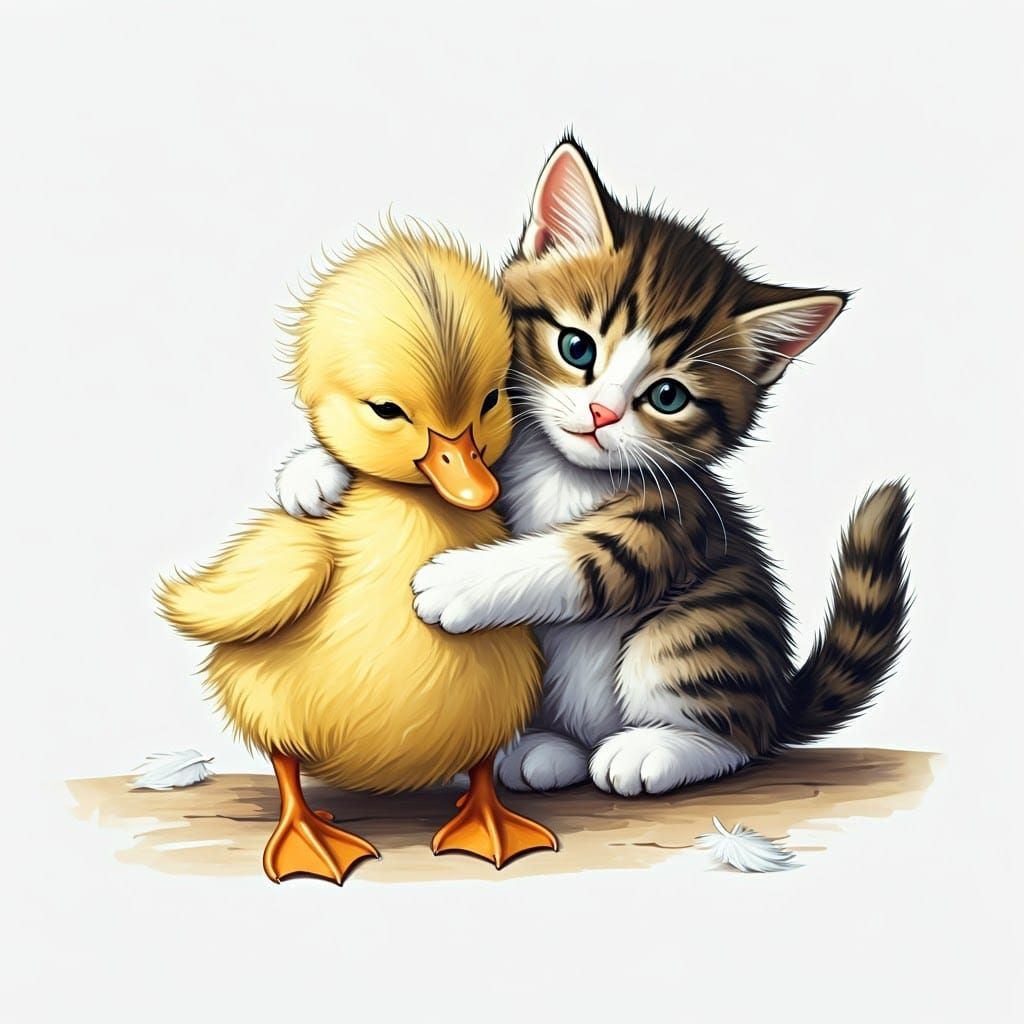 Whimsical Feline and Avian Friendship in Cozy Surroundings