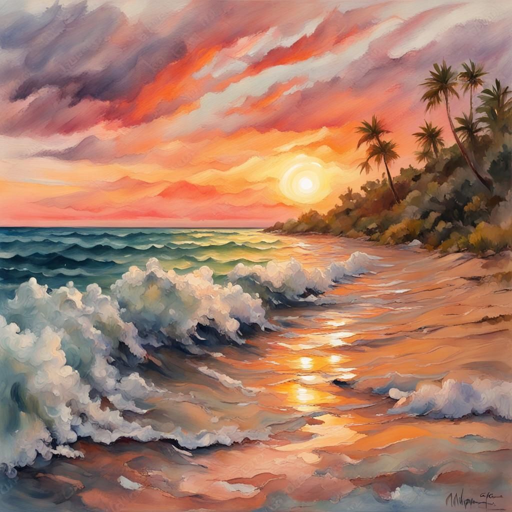 Sunset Beach Waves in Gouache Watercolor Style