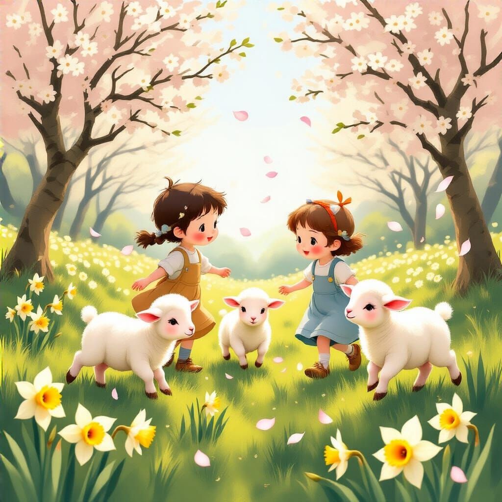 Children and Lambs in Spring Meadow