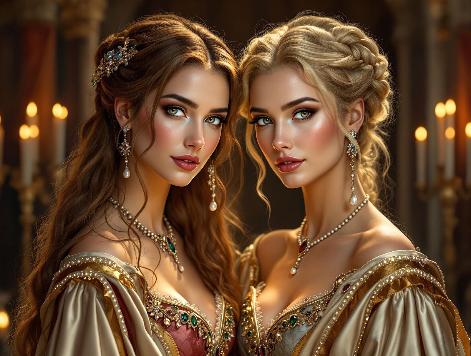 Regal Queens in Medieval Portrait with Jewels