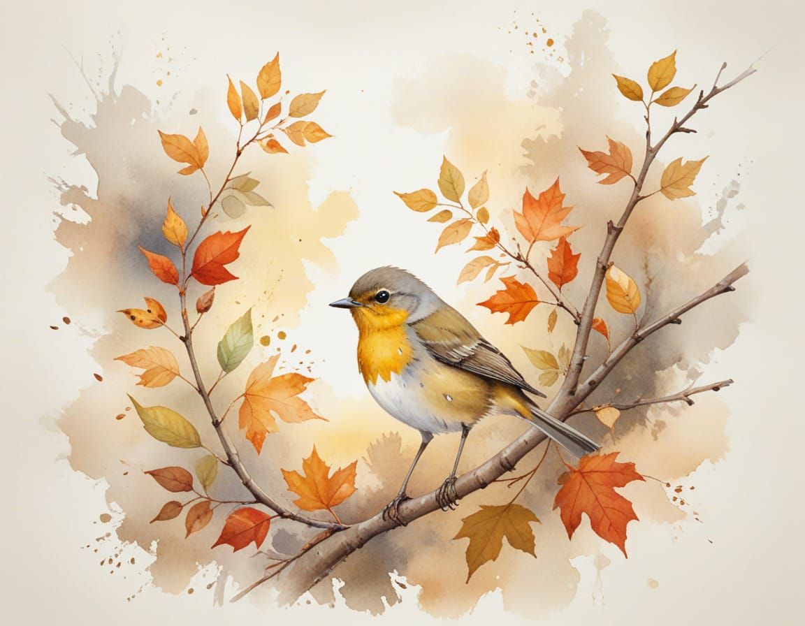 Delicate Watercolor Songbird in Autumn Leaves